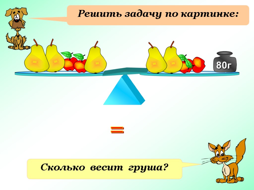 Решить задачу по картинке: Сколько весит груша? =